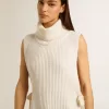 Maglione unisex bianco a collo alto senza maniche in lana a costine Maglione unisex bianco a collo alto senza maniche in lana a costine