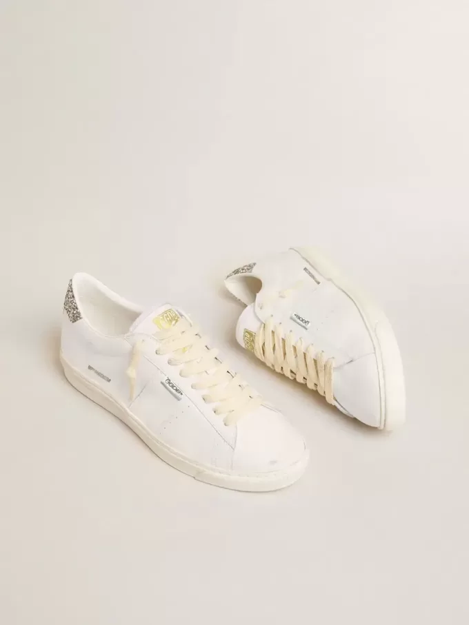 Matchstar in pelle bianca con tallone argentato glitterato