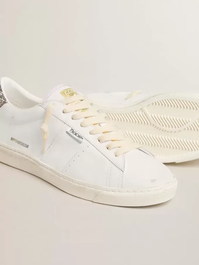 Matchstar in pelle bianca con tallone argentato glitterato