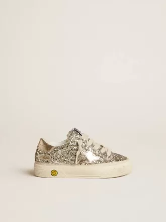 May Junior in glitter platino con stella in pelle metallizzata e linguetta sul tallone