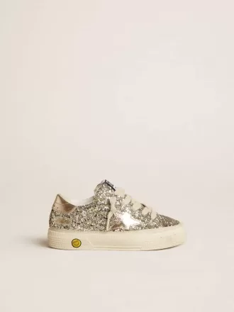 May Teen in glitter platino con stella e linguetta sul tallone in pelle dorata