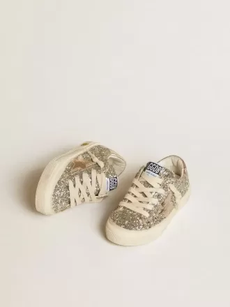 May Teen in glitter platino con stella e linguetta sul tallone in pelle dorata