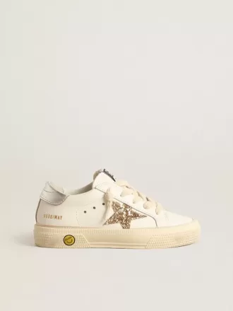 May Teen in pelle bianca con stella glitterata dorata e linguetta sul tallone argentata