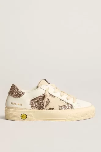 May Teen in pelle bianca e glitter oro rosa con stella in camoscio beige