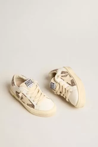 May Teen in pelle bianca e glitter oro rosa con stella in camoscio beige