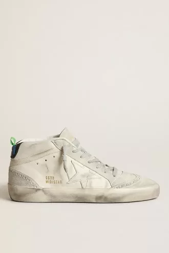 Mid-Star da donna con stella in pelle bianca e inserti in pelle scamosciata grigia