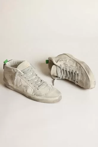 Mid-Star da donna con stella in pelle bianca e inserti in pelle scamosciata grigia
