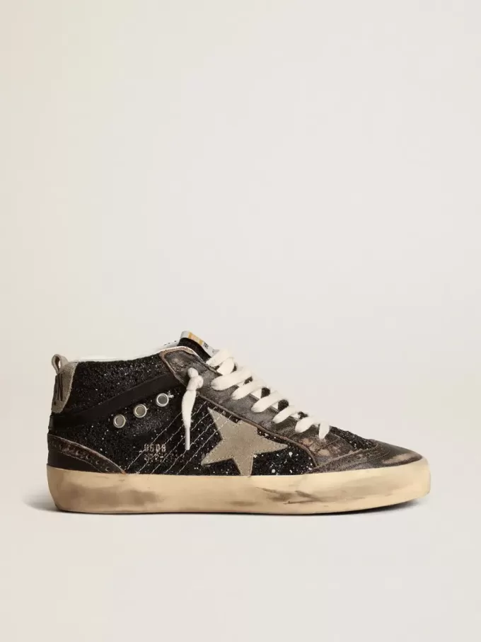 Mid Star da donna in nero glitterato con stella e linguetta sul tallone in pelle scamosciata grigio tortora Mid Star da donna in nero glitterato con stella e linguetta sul tallone in pelle scamosciata grigio tortora