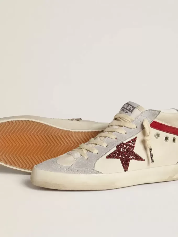 Mid Star da donna in pelle con stella glitterata e dettagli in nabuk rosso Mid Star da donna in pelle con stella glitterata e dettagli in nabuk rosso