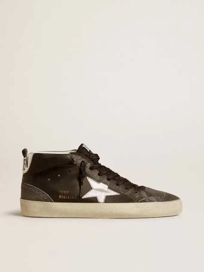 Mid Star da donna in pelle nera con stella in pelle metallizzata argento Mid Star da donna in pelle nera con stella in pelle metallizzata argento