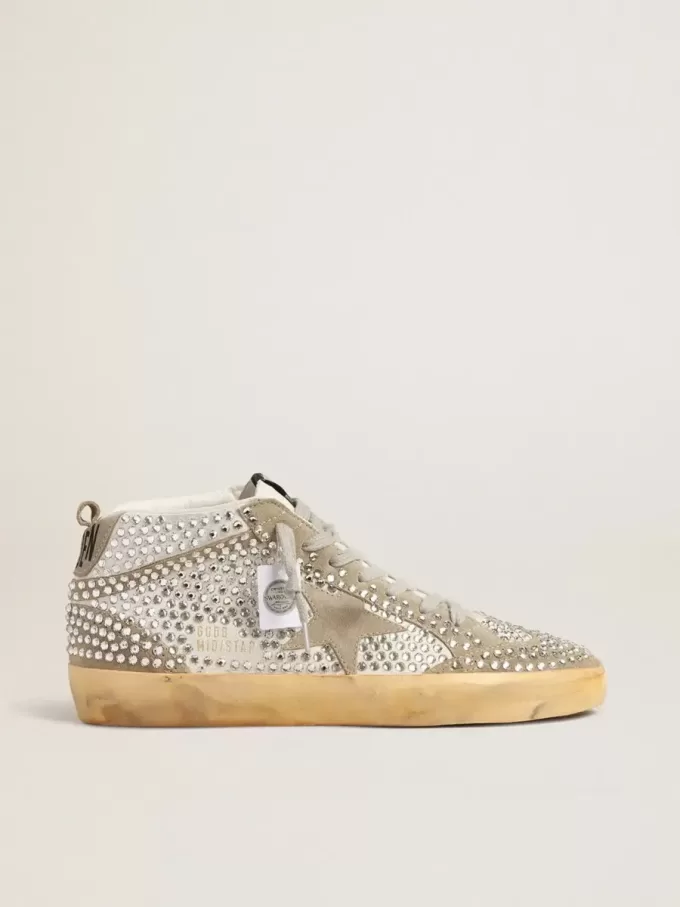 Mid Star da donna in pelle scamosciata bianca e grigio tortora con cristalli Swarovski Mid Star da donna in pelle scamosciata bianca e grigio tortora con cristalli Swarovski
