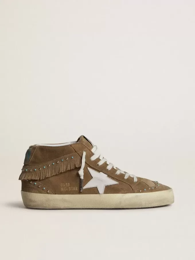 Mid Star da donna in pelle scamosciata color tabacco con frange e borchie