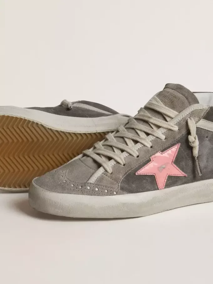 Mid Star da donna in pelle scamosciata grigia con stella in pelle laminata rosa
