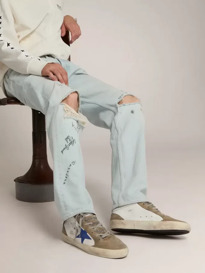 Mid Star da uomo con stella in pelle blu e inserti in pelle scamosciata grigio tortora