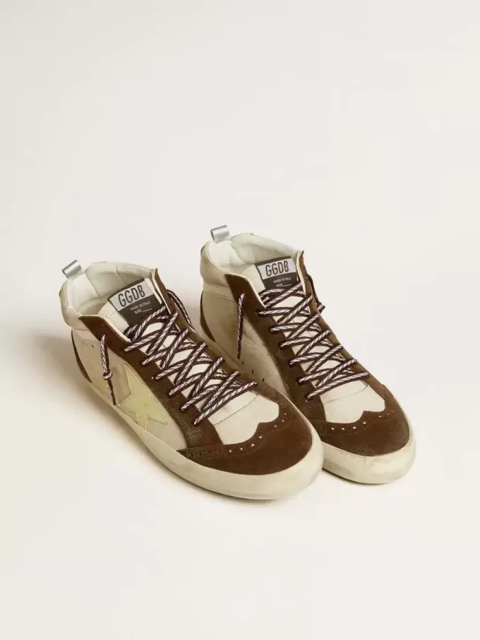 Mid Star da uomo in beige glitterato con stella in pelle scamosciata gialla e flash in cotone