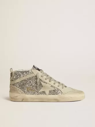 Mid Star in glitter argento con stella e flash in pelle scamosciata grigio ghiaccio