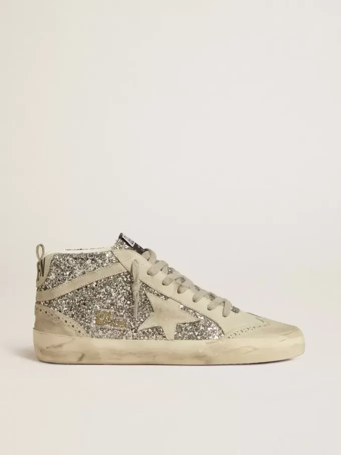 Mid Star in glitter argento con stella e flash in pelle scamosciata grigio ghiaccio Mid Star in glitter argento con stella e flash in pelle scamosciata grigio ghiaccio