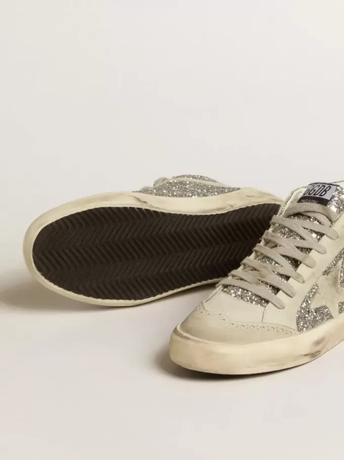 Mid Star in glitter argento con stella e flash in pelle scamosciata grigio ghiaccio Mid Star in glitter argento con stella e flash in pelle scamosciata grigio ghiaccio