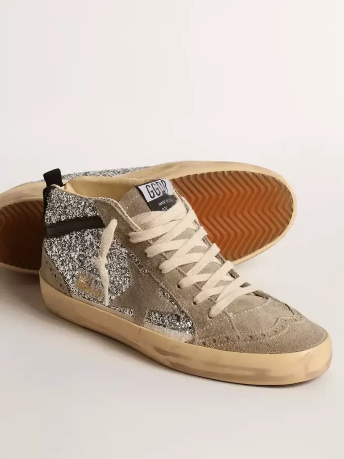 Mid Star in glitter argento con stella in pelle scamosciata e flash nero Mid Star in glitter argento con stella in pelle scamosciata e flash nero