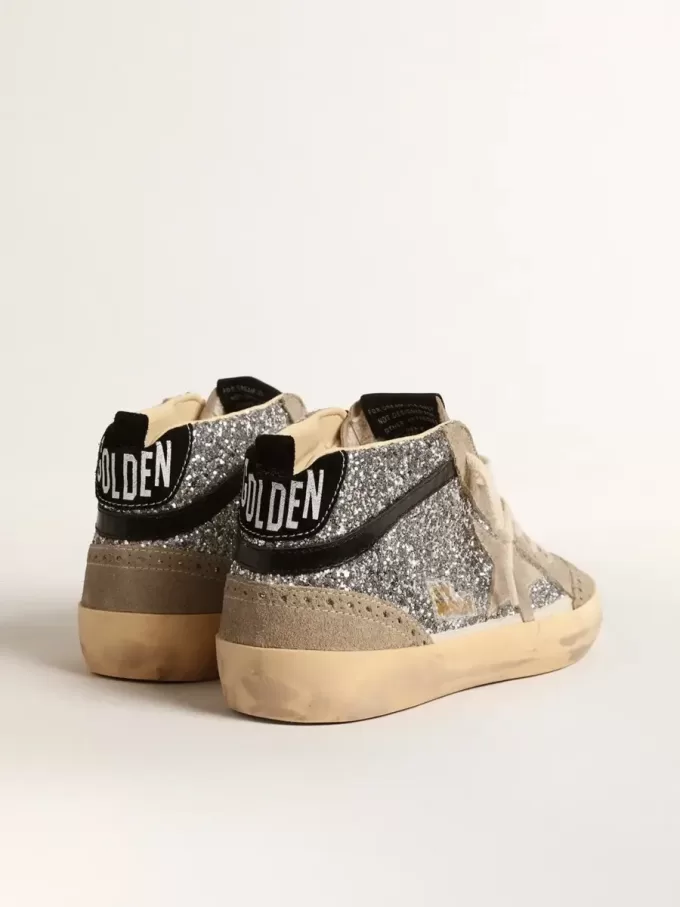 Mid Star in glitter argento con stella in pelle scamosciata e flash nero Mid Star in glitter argento con stella in pelle scamosciata e flash nero