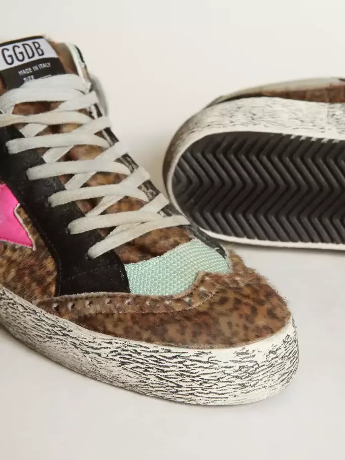Mid Star in pelle di pony con stampa leopardata e stella in pelle fucsia Mid Star in pelle di pony con stampa leopardata e stella in pelle fucsia