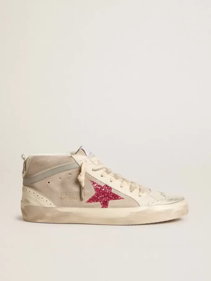 Mid Star in pelle scamosciata con stella glitterata fucsia e dettagli in pelle grigia Mid Star in pelle scamosciata con stella glitterata fucsia e dettagli in pelle grigia