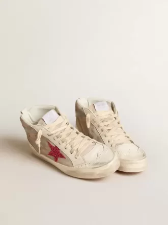 Mid Star in pelle scamosciata con stella glitterata fucsia e dettagli in pelle grigia
