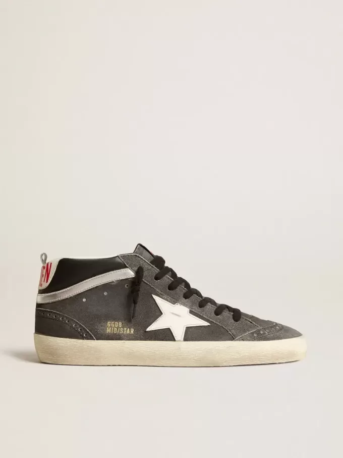Mid Star in pelle scamosciata nera con stella in pelle bianca e dettaglio argentato