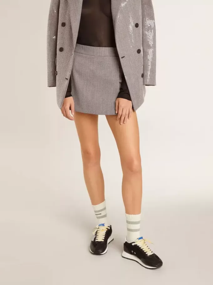 Mini shorts da donna in lana pied-de-poule grigio