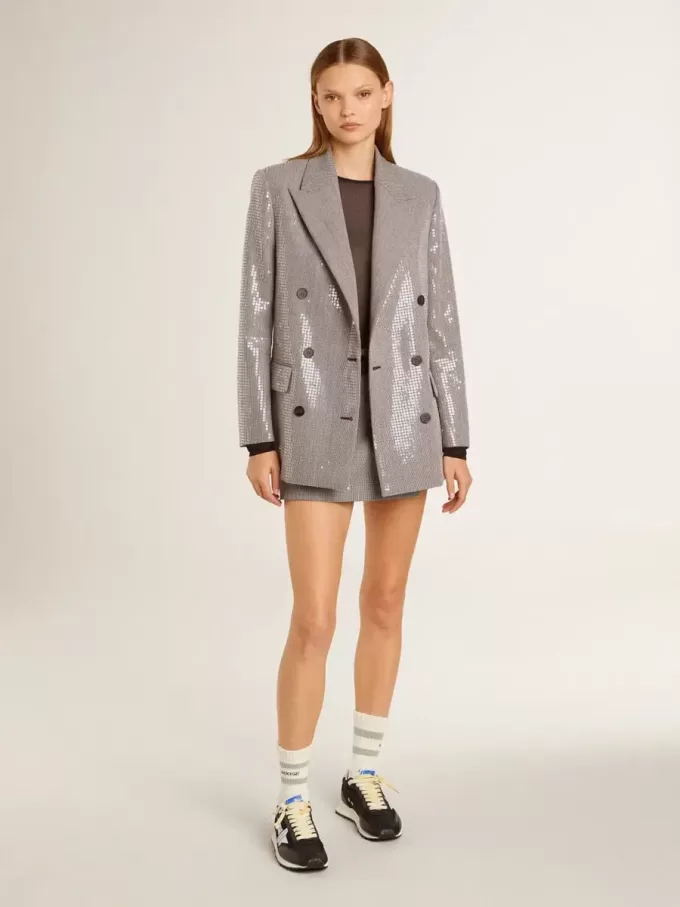 Mini shorts da donna in lana pied-de-poule grigio