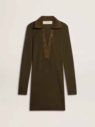 Miniabito in lana verde militare con dettagli in pelle
