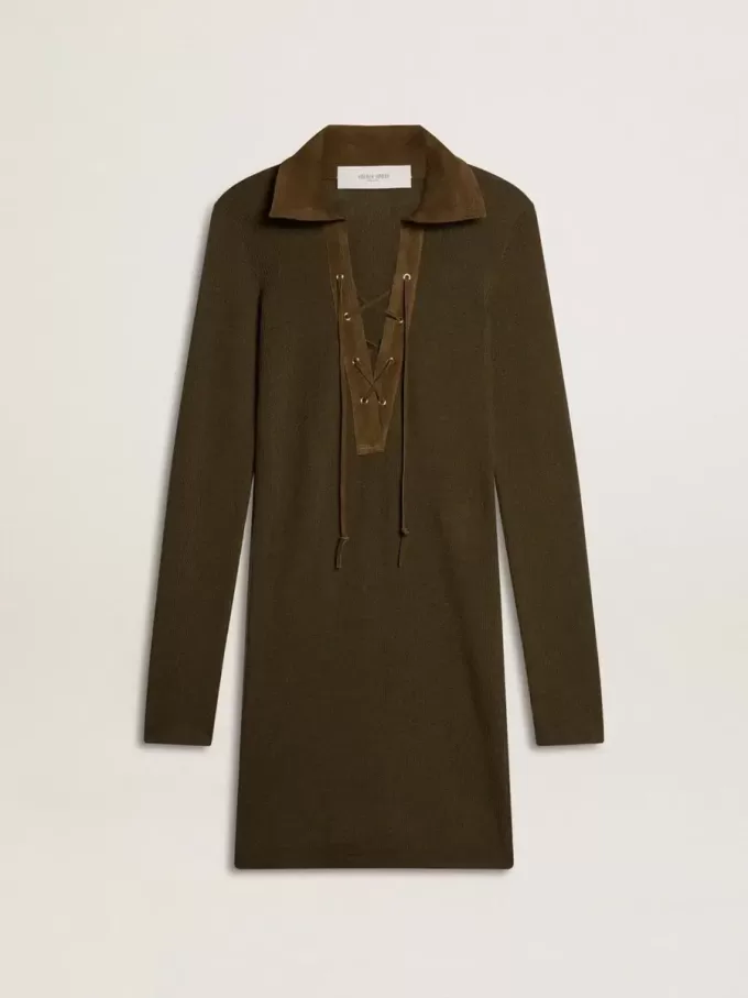 Miniabito in lana verde militare con dettagli in pelle