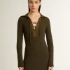 Miniabito in lana verde militare con dettagli in pelle