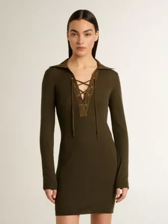 Miniabito in lana verde militare con dettagli in pelle