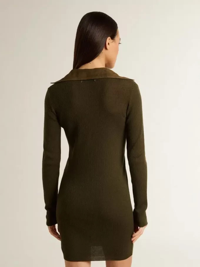 Miniabito in lana verde militare con dettagli in pelle