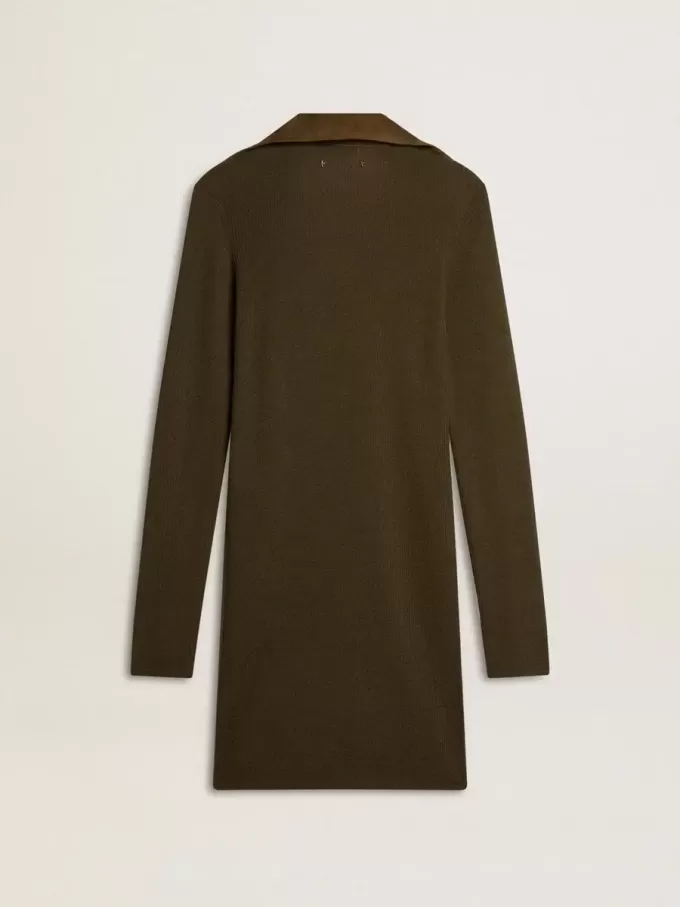 Miniabito in lana verde militare con dettagli in pelle