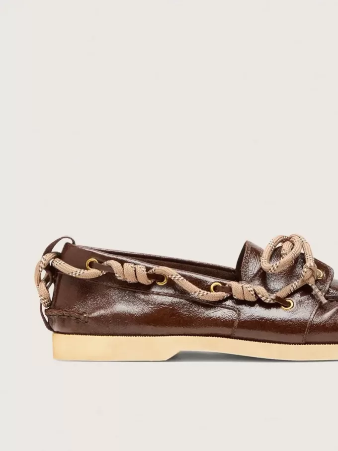 Mocassini Cruise da donna in pelle marrone scuro lucida con lacci da trekking grigio tortora Mocassini Cruise da donna in pelle marrone scuro lucida con lacci da trekking grigio tortora