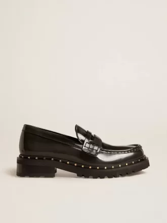 Mocassini da donna chunky in pelle nera con borchie