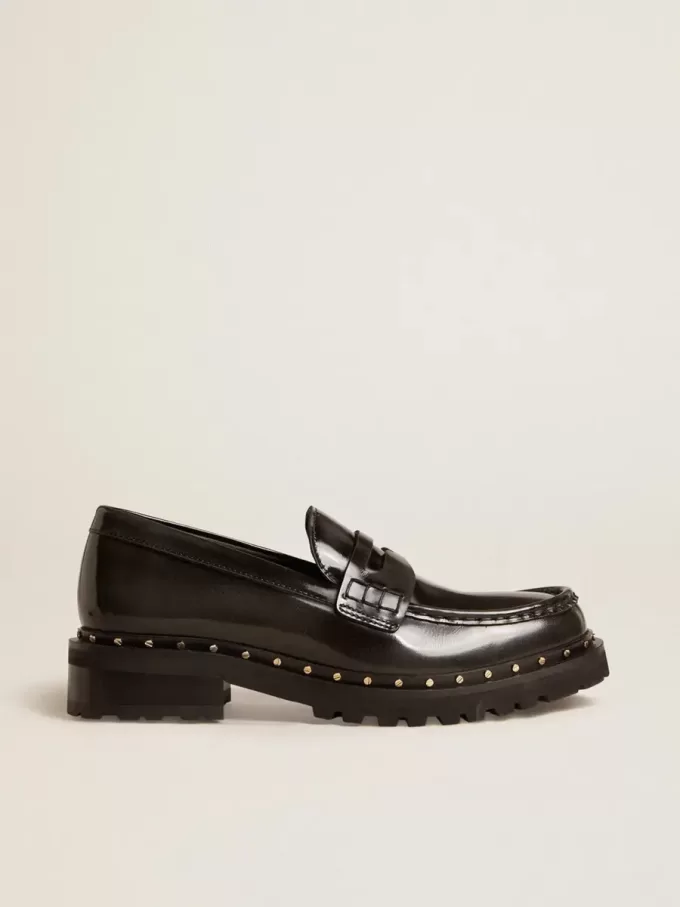 Mocassini da donna chunky in pelle nera con borchie Mocassini da donna chunky in pelle nera con borchie