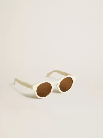 Occhiali da sole Panthos di forma quadrata con montatura beige e dettagli dorati Occhiali da sole Panthos di forma quadrata con montatura beige e dettagli dorati