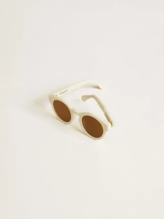 Occhiali da sole Panthos di forma quadrata con montatura beige e dettagli dorati Occhiali da sole Panthos di forma quadrata con montatura beige e dettagli dorati