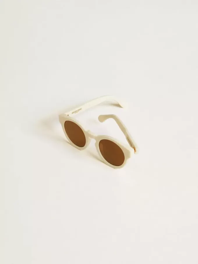 Occhiali da sole Panthos di forma quadrata con montatura beige e dettagli dorati Occhiali da sole Panthos di forma quadrata con montatura beige e dettagli dorati