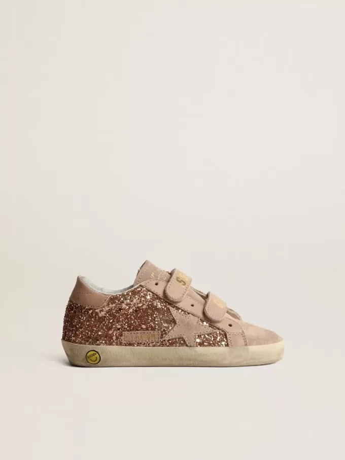 Old School Young in rosa pesca glitterato con stella in pelle scamosciata rosa Old School Young in rosa pesca glitterato con stella in pelle scamosciata rosa