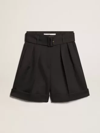 Pantaloncini da donna in gabardine di lana nera con cintura in vita