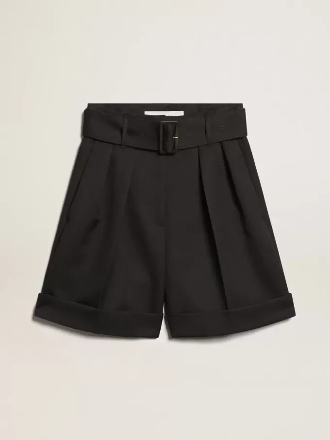 Pantaloncini da donna in gabardine di lana nera con cintura in vita Pantaloncini da donna in gabardine di lana nera con cintura in vita