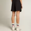 Pantaloncini da donna in gabardine di lana nera con cintura in vita Pantaloncini da donna in gabardine di lana nera con cintura in vita