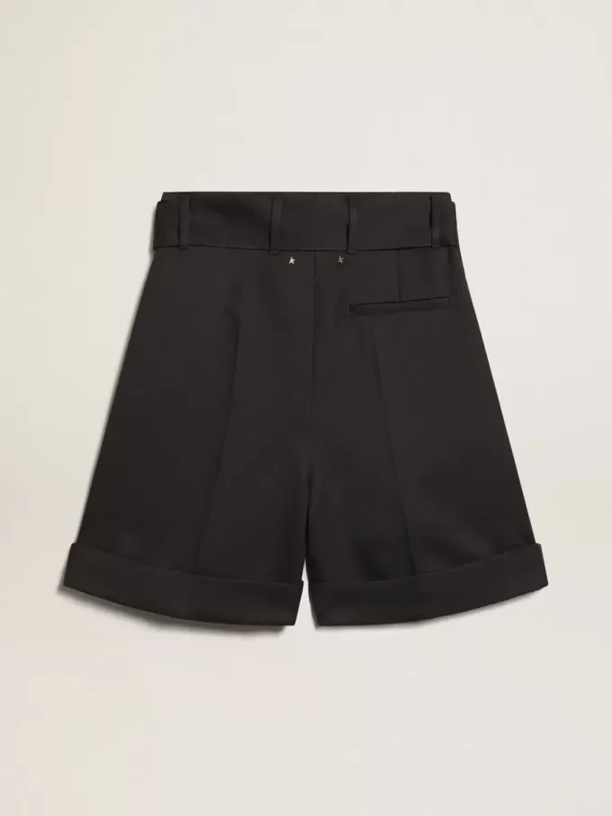 Pantaloncini da donna in gabardine di lana nera con cintura in vita Pantaloncini da donna in gabardine di lana nera con cintura in vita
