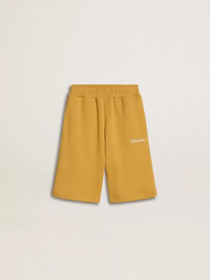 Pantaloncini da jogging per bambini in giallo ocra con ricamo