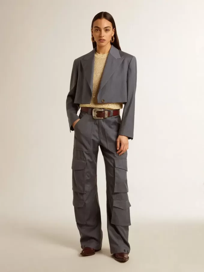 Pantaloni cargo da donna in lana azzurro Pantaloni cargo da donna in lana azzurro