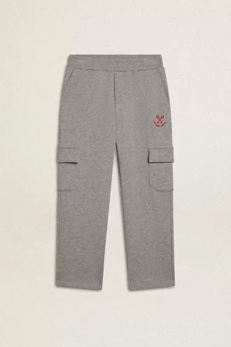 Pantaloni cargo joggers in cotone grigio melange con ricami